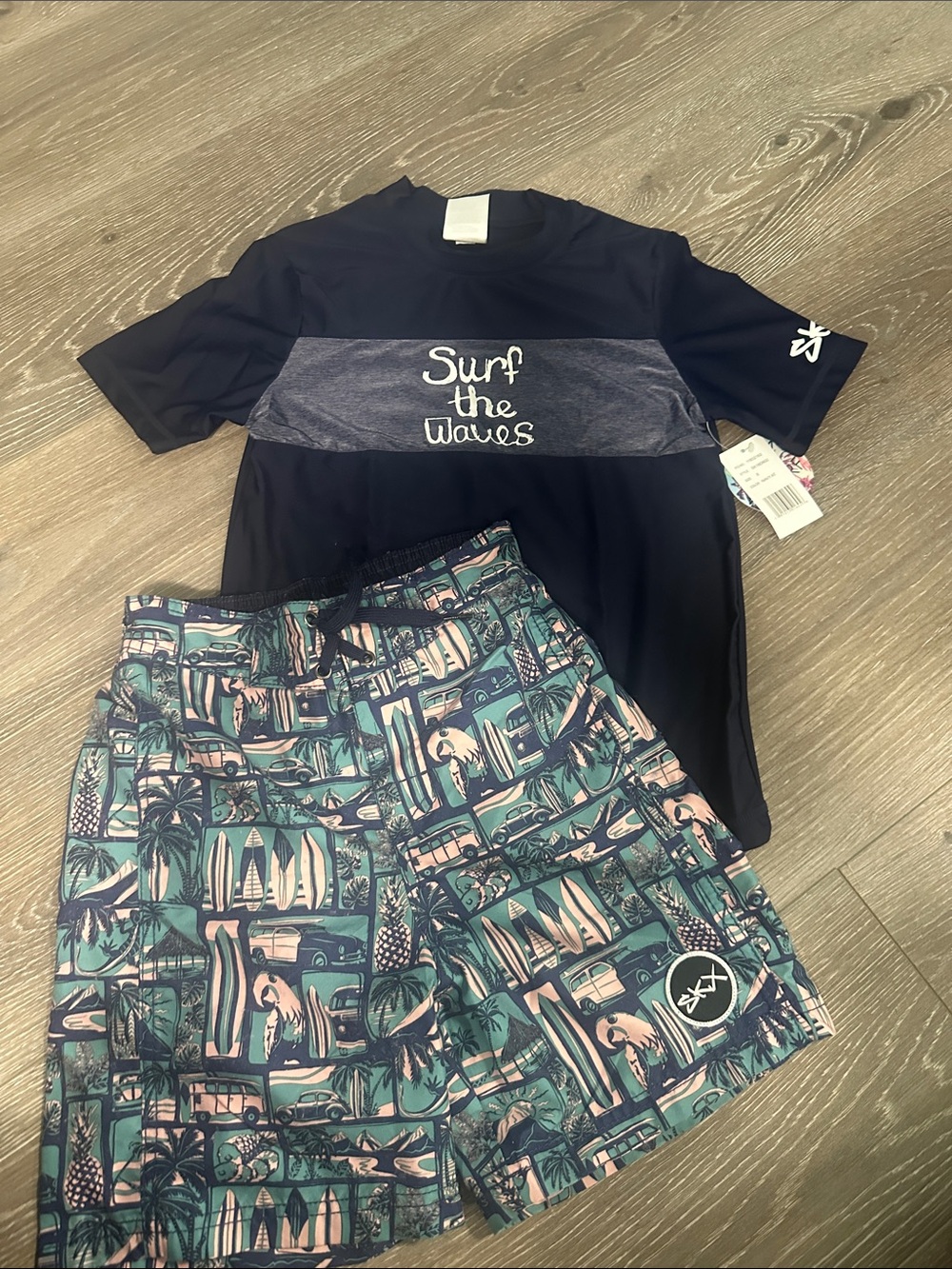 Skechers Navy Rash Guard with Teal & Pink Surf-Print Swim Shorts